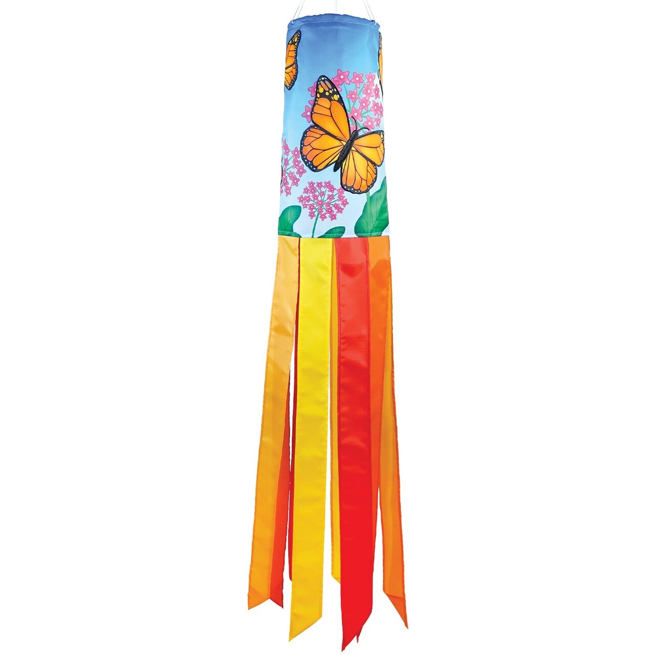 In the Breeze 5213 — Monarch Butterfly 40-inch Inspiration Windsock — Colorful Hanging Garden Décor with Embroidered Details